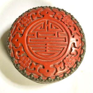 Antique Vintage Tibetan Silver Carved Cinnabar Trinket Pill Powder Box